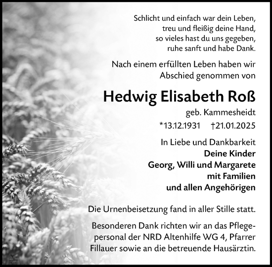 Traueranzeige von Hedwig Elisabeth Roß von Darmstädter Echo
