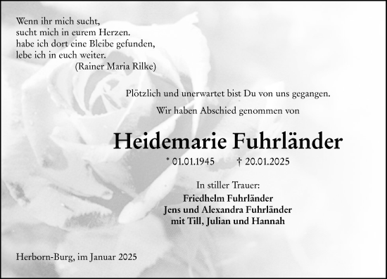 Traueranzeige von Heidemarie Fuhrländer von Dill Block