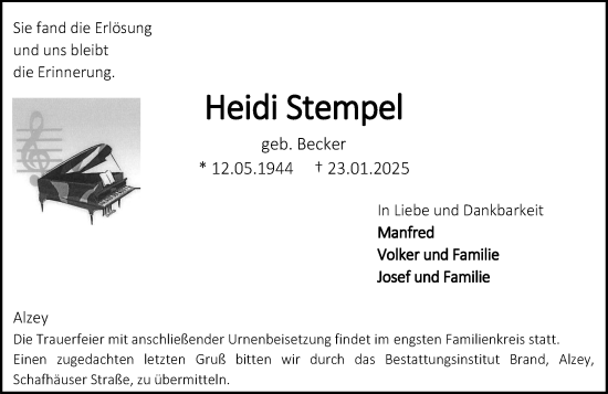 Traueranzeige von Heidi Stempel von Allgemeine Zeitung Alzey