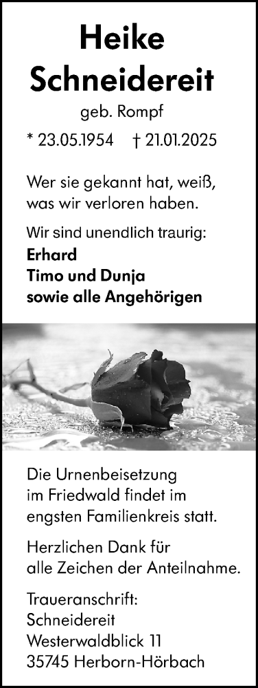Traueranzeige von Heike Schneidereit von Dill Block