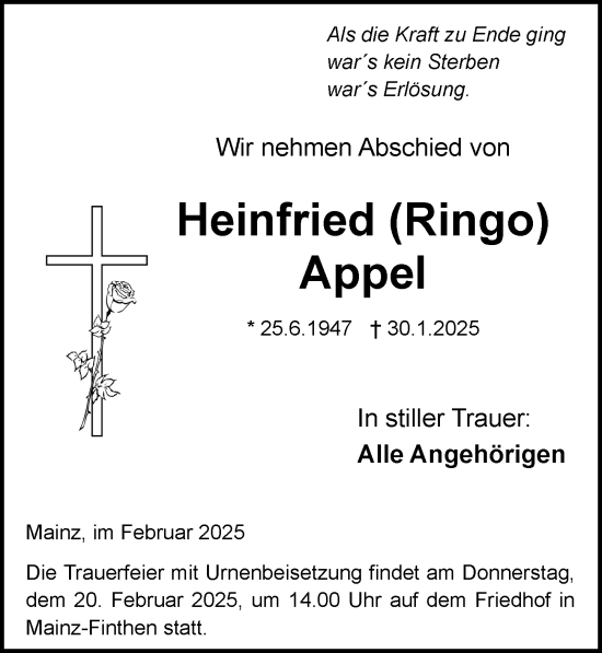 Traueranzeige von Heinfried Appel von Allgemeine Zeitung Mainz