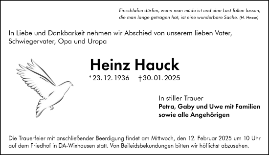 Traueranzeige von Heinz Hauck von Darmstädter Echo