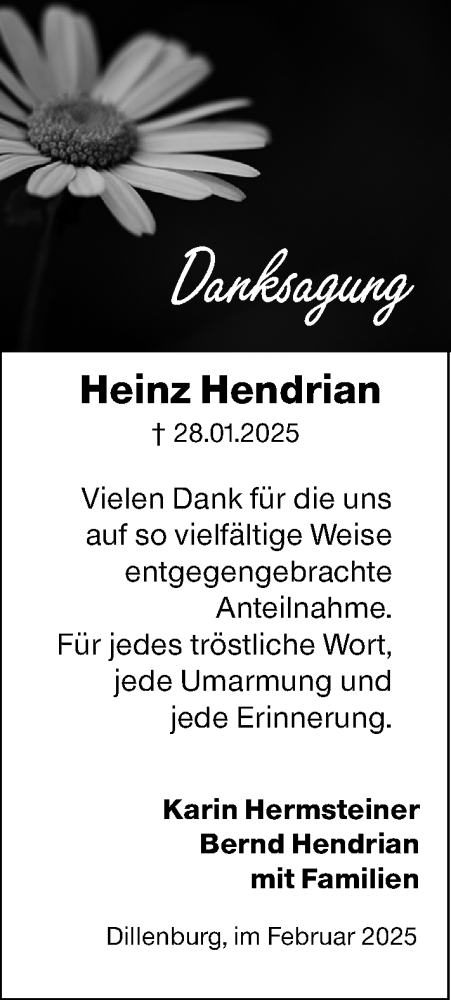 Traueranzeige von Heinz Hendrian von Dill Block