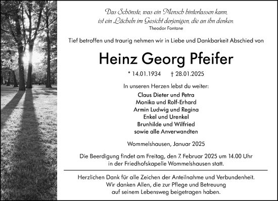 Traueranzeige von Heinz Georg Pfeifer von Hinterländer Anzeiger