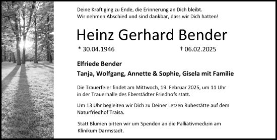 Traueranzeige von Heinz Gerhard Bender von Darmstädter Echo