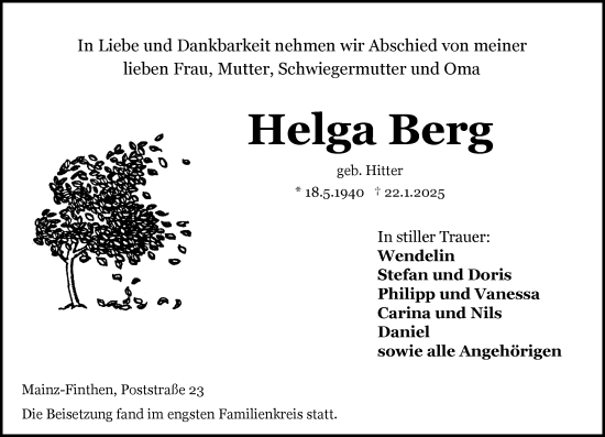 Traueranzeige von Helga Berg von Allgemeine Zeitung Mainz