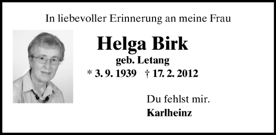 Traueranzeige von Helga Birk von Wiesbadener Kurier