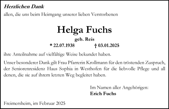 Traueranzeige von Helga Fuchs von Allgemeine Zeitung Alzey