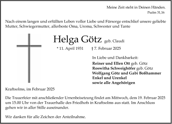 Traueranzeige von Helga Götz von Wetzlarer Neue Zeitung