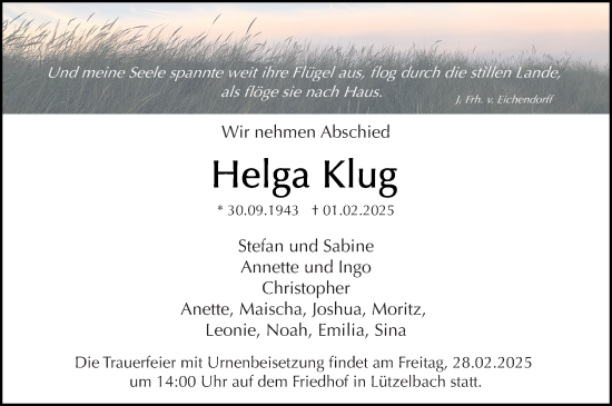 Traueranzeige von Helga Klug von Odenwälder Echo