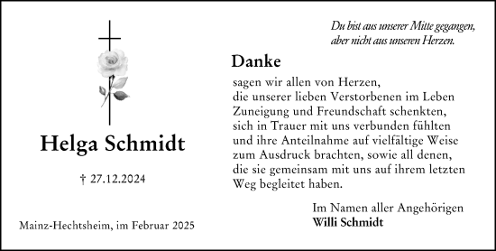 Traueranzeige von Helga Schmidt von Allgemeine Zeitung Mainz