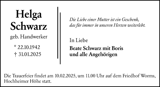 Traueranzeige von Helga Schwarz von Wormser Zeitung