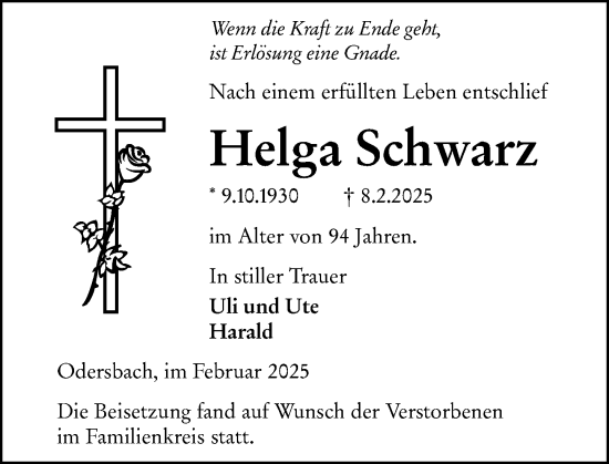 Traueranzeige von Helga Schwarz von Weilburger Tageblatt