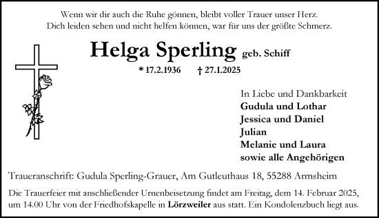 Traueranzeige von Helga Sperling von Allgemeine Zeitung Mainz