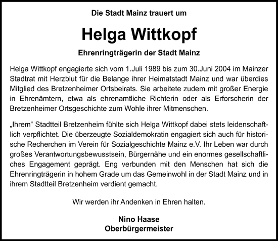 Traueranzeige von Helga Wittkopf von Allgemeine Zeitung Mainz