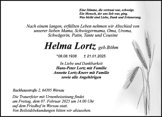 Traueranzeige von Helma Lortz von Darmstädter Echo