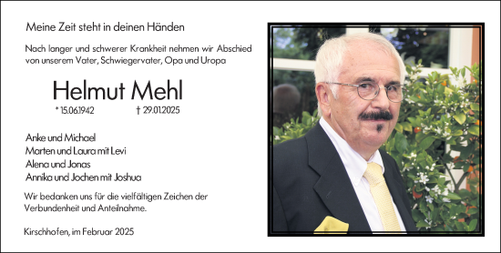 Traueranzeige von Helmut Mehl von Weilburger Tageblatt