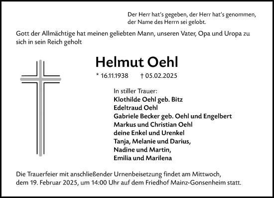 Traueranzeige von Helmut Oehl von Allgemeine Zeitung Mainz