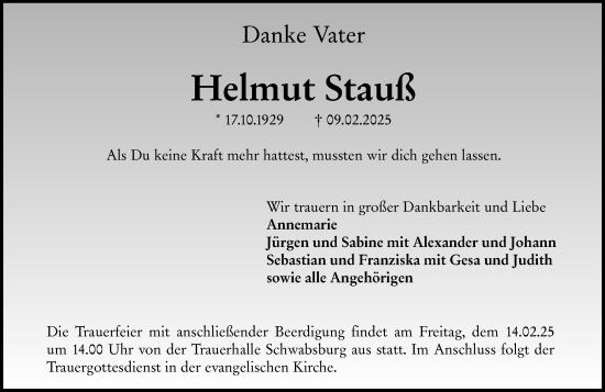 Traueranzeige von Helmut Stauß von Allgemeine Zeitung Mainz