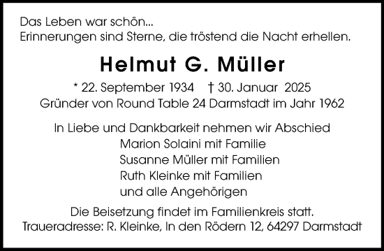 Traueranzeige von Helmut G. Müller von Darmstädter Echo