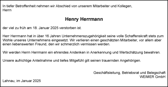 Traueranzeige von Henry Herrmann von Wetzlarer Neue Zeitung