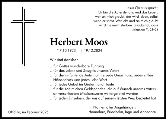 Traueranzeige von Herbert Moos von Dill Block
