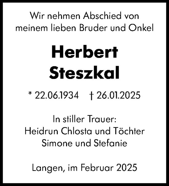 Traueranzeige von Herbert Steszkal von Dieburger Anzeiger/Groß-Zimmerner Lokal-Anzeiger