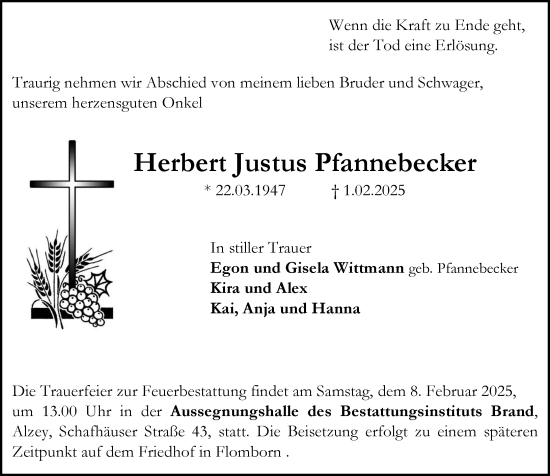 Traueranzeige von Herbert Justus Pfannebecker von Allgemeine Zeitung Alzey