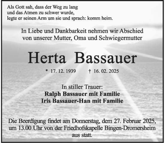 Traueranzeige von Herta Bassauer von Allgemeine Zeitung Rheinhessen-Nahe