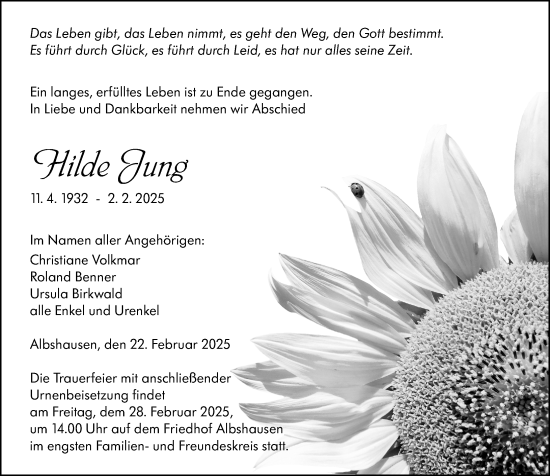 Traueranzeige von Hilde Jung von Wetzlarer Neue Zeitung
