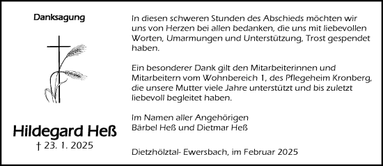 Traueranzeige von Hildegard Heß von Dill Block