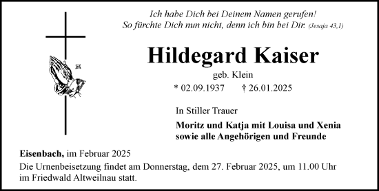 Traueranzeige von Hildegard Kaiser von Camberger Anzeiger