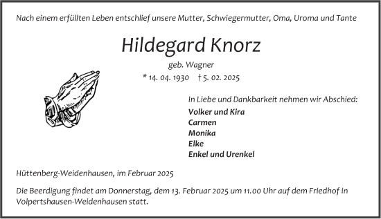 Traueranzeige von Hildegard Knorz von Wetzlarer Neue Zeitung