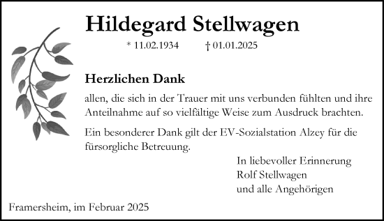 Traueranzeige von Hildegard Stellwagen von Allgemeine Zeitung Alzey