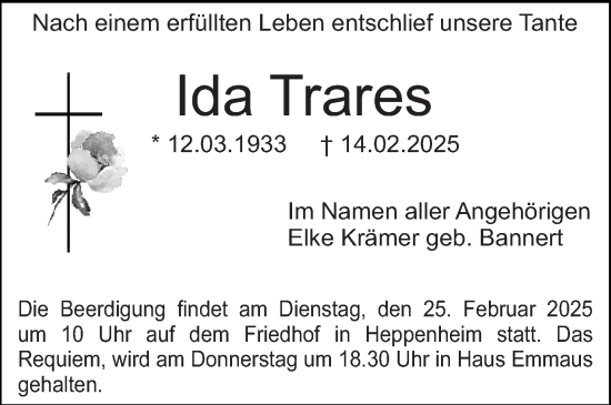 Traueranzeige von Ida Trares von Starkenburger Echo