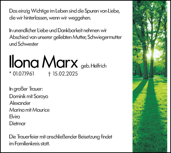 Traueranzeige von Ilona Marx von Hinterländer Anzeiger