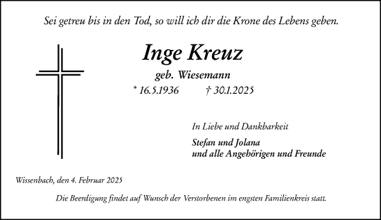 Traueranzeige von Inge Kreuz von Dill Block