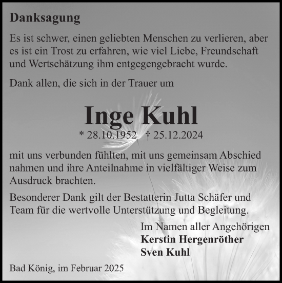 Traueranzeige von Inge Kuhl von Odenwälder Echo