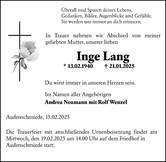 Traueranzeige von Inge Lang von Weilburger Tageblatt