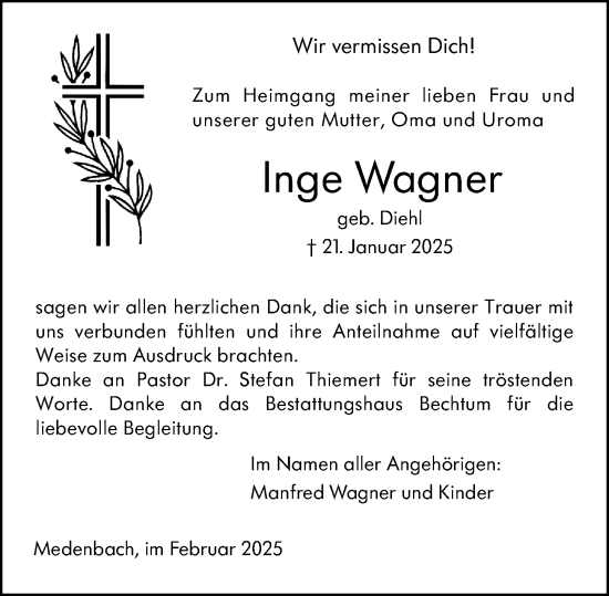 Traueranzeige von Inge Wagner von Dill Block