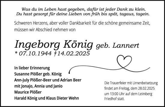 Traueranzeige von Ingeborg König von Odenwälder Echo