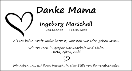 Traueranzeige von Ingeburg Marschall von Allgemeine Zeitung Mainz