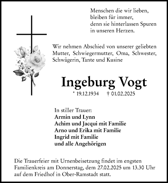 Traueranzeige von Ingeburg Vogt von Darmstädter Echo