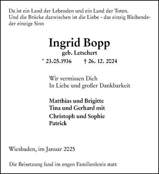 Traueranzeige von Ingrid Bopp von Wiesbadener Kurier