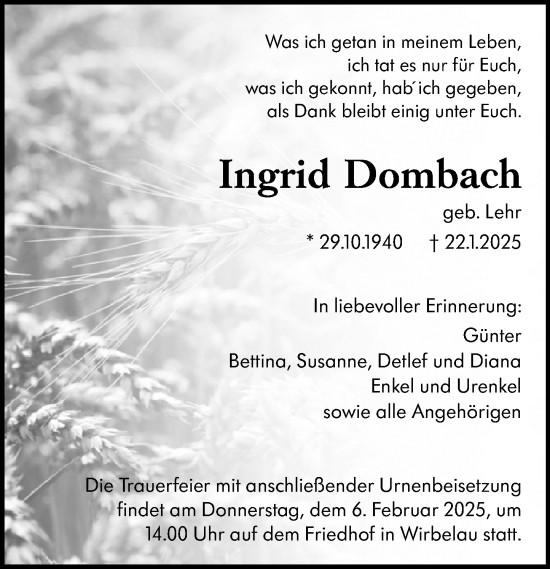Traueranzeige von Ingrid Dombach von Weilburger Tageblatt