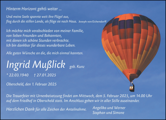 Traueranzeige von Ingrid Mußlick von Dill Block