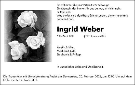 Traueranzeige von Ingrid Weber von Darmstädter Echo