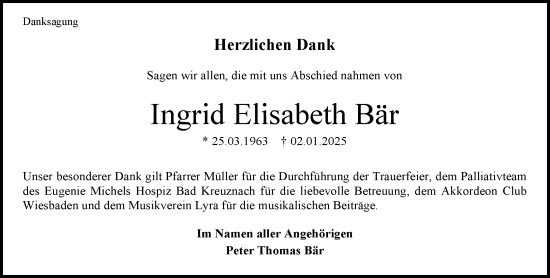 Traueranzeige von Ingrid Elisabeth Bär von Wiesbadener Kurier
