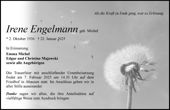 Traueranzeige von Irene Engelmann von Weilburger Tageblatt