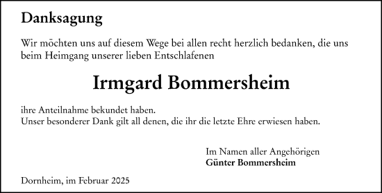 Traueranzeige von Irmgard Bommersheim von Groß-Gerauer Echo